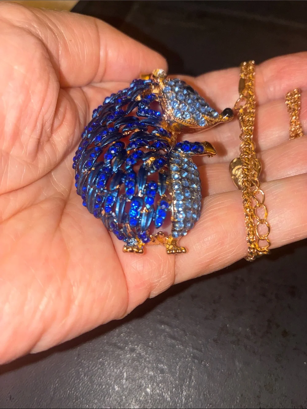 Blue Crystal Hedgehog Pendant Necklace - Gold Tone